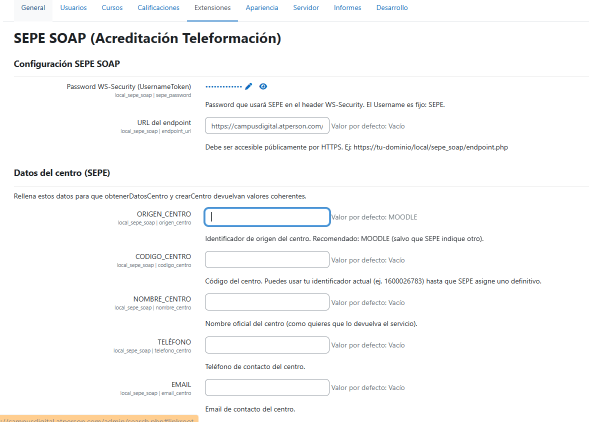 Panel de control y registro de comunicaciones del plugin SOAP-SEPE en Moodle