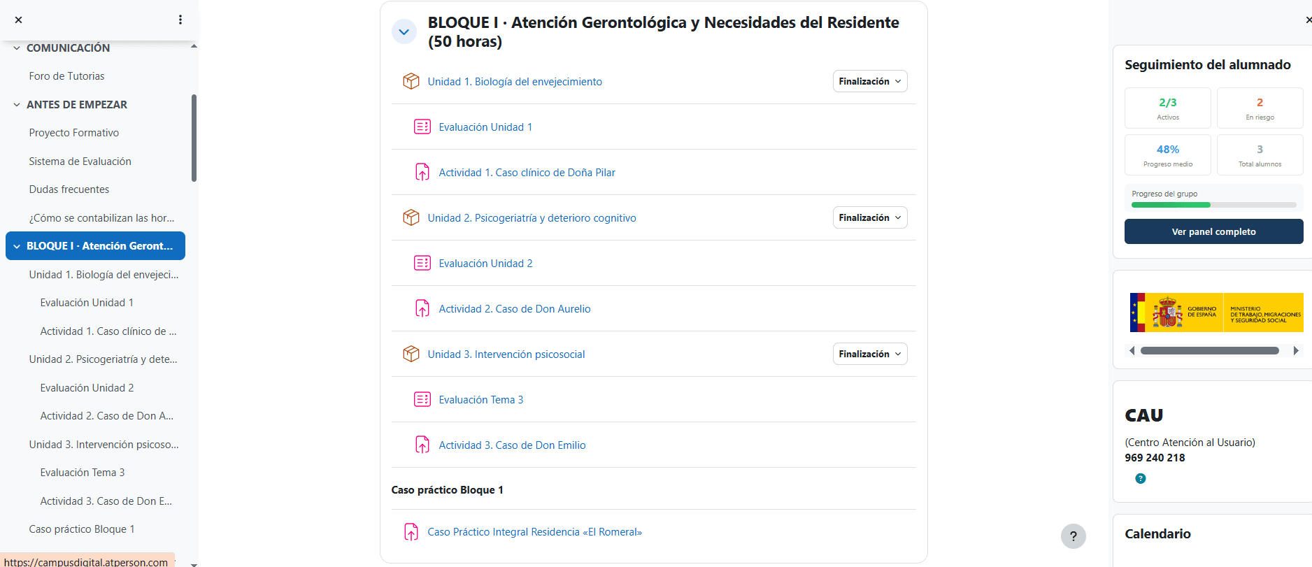 Panel de seguimiento del alumnado en Moodle: progreso medio, alumnos activos y alumnos en riesgo por curso SCORM