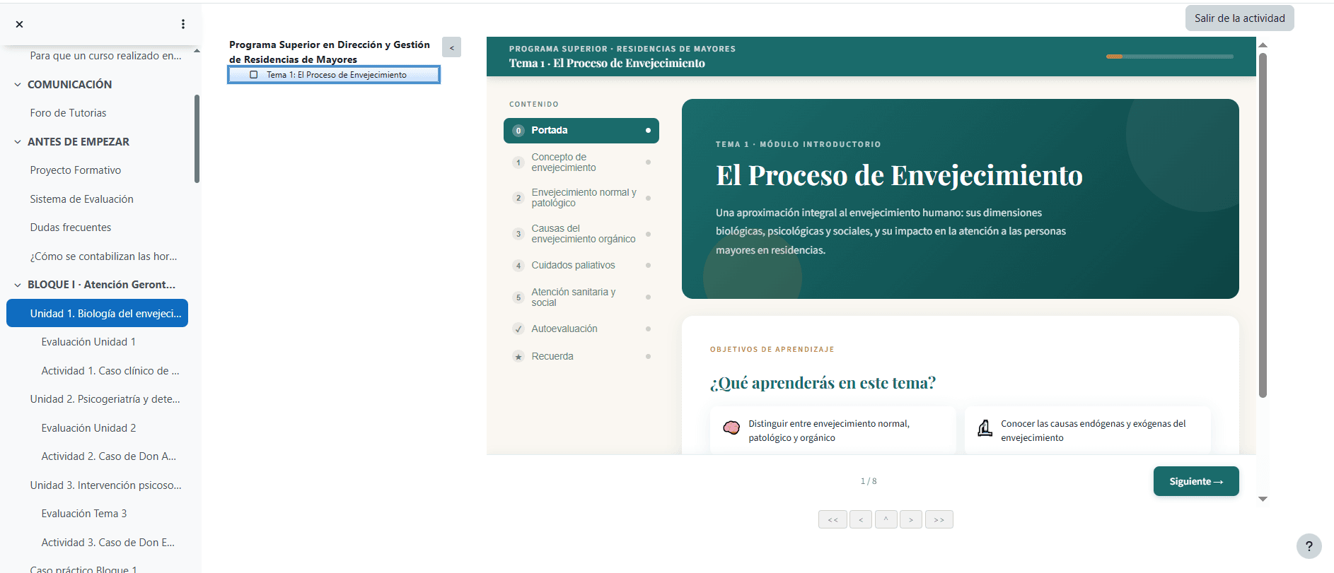Portada interactiva de un tema del curso SCORM "El Proceso de Envejecimiento" con objetivos de aprendizaje