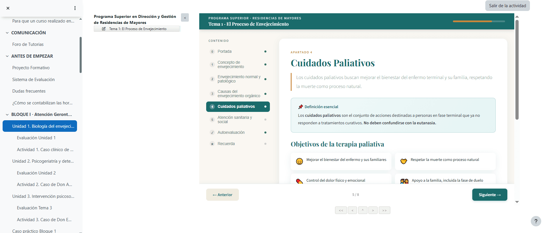 Pantalla de contenido teórico sobre cuidados paliativos dentro de un curso SCORM para residencias de mayores