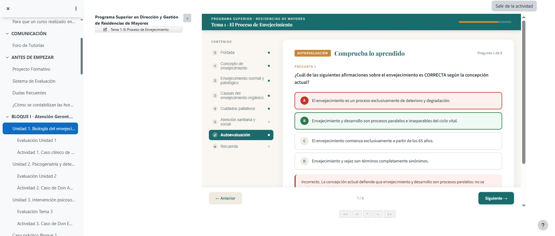 Cuestionario de autoevaluación SCORM con feedback inmediato tras responder una pregunta