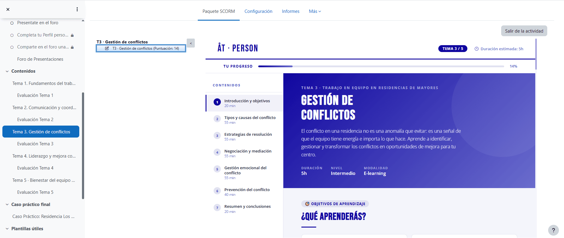 Portada del curso SCORM "Gestión de Conflictos" con duración, nivel y modalidad del itinerario formativo