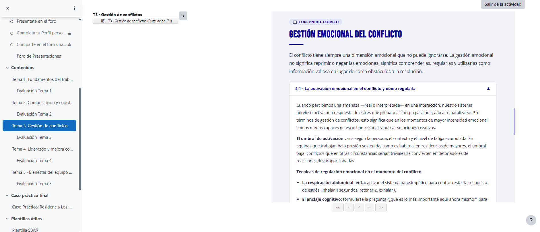 Pantalla de contenido teórico sobre gestión emocional del conflicto en un curso SCORM de habilidades directivas