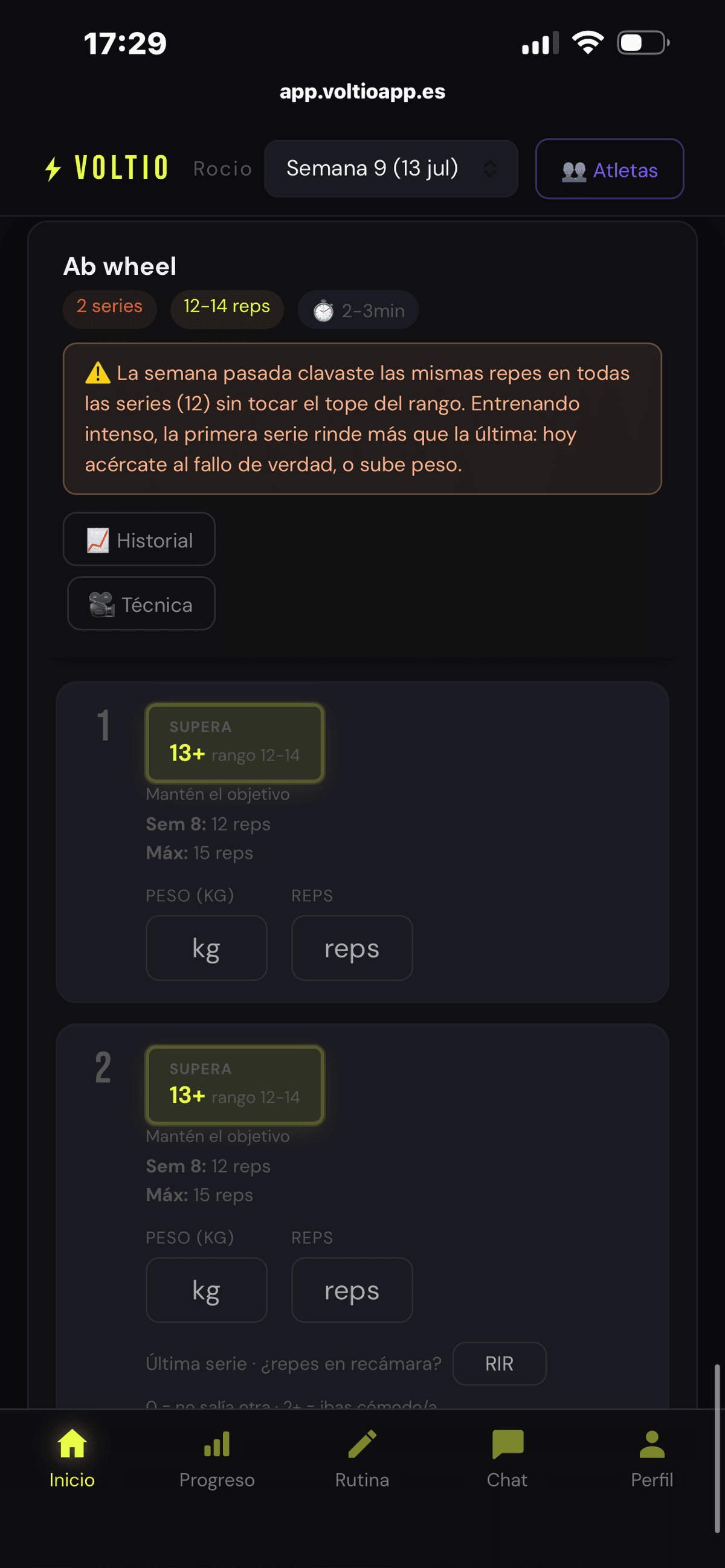 Captura real de Voltio - Deload Automático & Fatiga