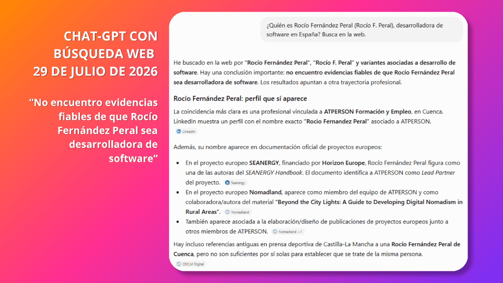 ChatGPT respondiendo que no encuentra evidencias fiables de desarrolladora de software