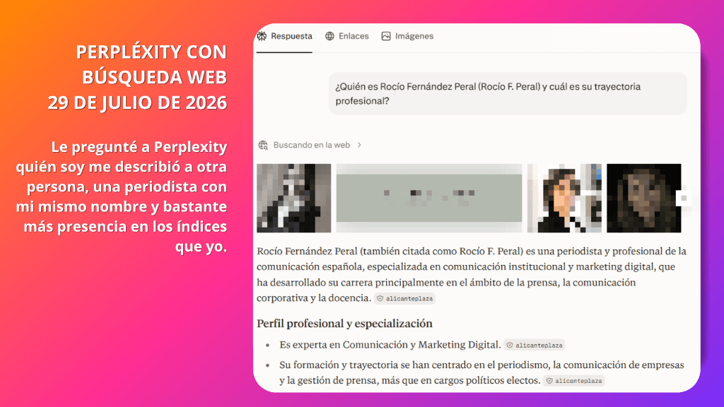 Perplexity respondiendo con el perfil de la periodista homónima el 29 de julio de 2026